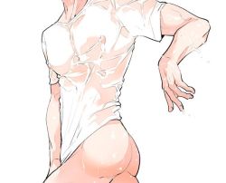 Rule 34 | 1boy, ass, bottomless, covered erect nipples, covering privates, covering crotch, head out of frame, male focus, original, ri-ru, shirt, simple background, solo, t-shirt, water, wet, wet clothes, white background, white shirt