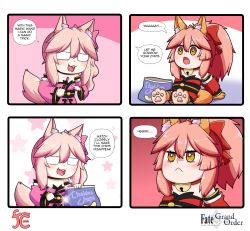 Rule 34 | 2girls, 4koma, :&lt;, animal ear fluff, animal ears, animal hands, artist logo, bell, black choker, bow, cat paws, chips (food), choker, collar, comic, commentary, copyright name, english commentary, fang, fate/grand order, fate (series), food, fox ears, fox girl, fox tail, glasses, gloves, hair between eyes, hair bow, highres, holding, holding wand, japanese clothes, jingle bell, keita naruzawa, kimono, koyanskaya (fate), long hair, long sleeves, multiple girls, neck bell, on floor, open mouth, paw gloves, paw shoes, pink bow, pink hair, pink kimono, pointing, ponytail, red bow, red collar, red kimono, sidelocks, speech bubble, square 4koma, star (symbol), tail, talking, tamamo (fate), tamamo cat (fate), wand, wide sleeves, yellow eyes