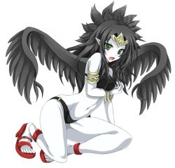 Rule 34 | 1girl, arm support, armlet, bare shoulders, bikini, black bra, black hair, black panties, black wings, blush, bra, bracelet, breast hold, breasts, colored skin, duel monster, embarrassed, emblem, fabled grimro, feet, female focus, full body, green eyes, high heels, jewelry, korican, legs, lingerie, long hair, looking at viewer, monster girl, navel, o-ring, o-ring bottom, open mouth, pale skin, panties, pointy ears, sandals, shoes, simple background, sitting, solo, swimsuit, thighs, tiara, toes, underwear, white background, white skin, wings, yu-gi-oh!, yu-gi-oh! duel monsters