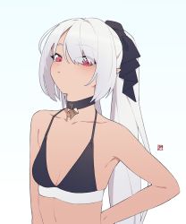 Rule 34 | 1girl, armpits, black bow, black bra, black choker, blue archive, bow, bra, breasts, choker, gradient background, hair bow, hair over one eye, highres, iori (blue archive), light blush, looking at viewer, red eyes, signature, simple background, small breasts, solo, swimsuit, twintails, underwear, upper body, white background, yan wan