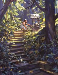 Rule 34 | 1girl, absurdres, brown hair, bush, cat, chenalii, highres, leaf, long hair, nature, scenery, squatting, stairs, sunlight, tree, well