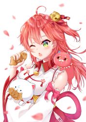 Rule 34 | 1girl, 35p (sakura miko), absurdres, ahoge, bell, cat, chestnut mouth, detached sleeves, drooling, food, food in mouth, green eyes, hair bell, hair ornament, hairclip, highres, hololive, kintoki (sakura miko), petals, pink hair, sakura miko, sakura miko (1st costume), taiyaki, virtual youtuber, wagashi, white background, x hair ornament, yutagami