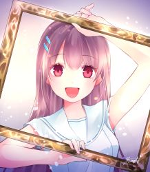 Rule 34 | 1girl, :d, ahira yuzu, arm up, blush, brown hair, empty picture frame, gradient background, hair ornament, hairclip, highres, holding, light particles, long hair, looking at viewer, open mouth, original, picture frame, red eyes, school uniform, serafuku, short sleeves, signature, smile, solo