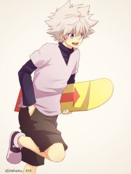 Rule 34 | 1boy, bad id, bad pixiv id, blue eyes, child, commentary request, highres, hunter x hunter, killua zoldyck, layered sleeves, long sleeves, looking to the side, nakamu 405, open mouth, shirt, short hair, short over long sleeves, short sleeves, shorts, simple background, skateboard, solo, white hair