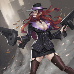 Rule 34 | 1girl, breasts, brown eyes, choker, cleavage, cross, cross earrings, earrings, formal, garter straps, grin, gun, hat, highres, jacket, jewelry, large breasts, league of legends, lips, lipstick, long hair, loped, crime city miss fortune, makeup, pencil skirt, pinstripe pattern, pinstripe suit, red hair, miss fortune (league of legends), shell casing, skirt, skirt suit, smile, solo, striped, submachine gun, suit, thompson submachine gun, weapon