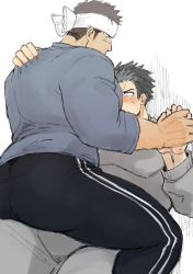 Rule 34 | 2boys, ass, bara, blush, borrowed character, couple, facial hair, feet out of frame, flustered, holding hands, harada (basashi), headband, jacket, male focus, multiple boys, muscular, original, pants, short hair, sideburns, sitting, sitting on person, sketch, sweatdrop, thick thighs, thighs, track jacket, track pants, yaoi