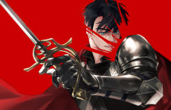 Rule 34 | 1boy, armor, asae (1313604a), black hair, blood, blue eyes, cape, hair between eyes, highres, holding, holding sword, holding weapon, looking at viewer, male focus, original, parted lips, pauldrons, red background, red cape, shoulder armor, simple background, smile, solo, sword, vambraces, weapon