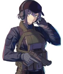 Rule 34 | 1girl, 3 small spiders, absurdres, armor, blue eyes, breasts, brown headwear, camouflage, camouflage jacket, character request, closed mouth, commentary, gloves, grey gloves, gun, hand on headset, handgun, headphones, headset, highres, holding, holding gun, holding weapon, jacket, looking at viewer, microphone, mole, mole under eye, original, pistol, purple hair, short hair, solo, upper body, weapon, white background
