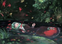 Rule 34 | 1girl, autumn leaves, bow, dress, closed eyes, fine art parody, forest, front ponytail, green hair, hair bow, ichiba youichi, kagiyama hina, nature, open mouth, ophelia (painting), parody, partially submerged, red dress, solo, touhou, water