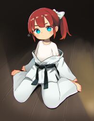 Rule 34 | 1girl, absurdres, barefoot, belt, black belt, bow, chinese commentary, closed mouth, commentary request, dougi, full body, hair bow, highres, indoors, kuma-bound, looking at viewer, martial arts belt, medium hair, original, pants, ponytail, red hair, shirt, sitting, solo, toes, wariza, white bow, white pants, white shirt