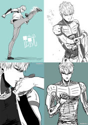 Rule 34 | 2boys, black sclera, colored sclera, cyborg, earrings, genos, highres, jewelry, kicking, male focus, mechanical arms, multiple boys, multiple views, one-punch man, pants, saitama (one-punch man), topless male, sleeveless, togiicustom, translation request, water, yaoi