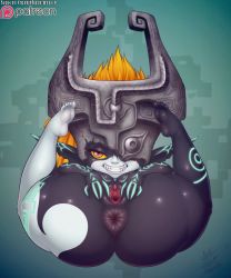 Rule 34 | 1girl, anus, ass, blonde hair, blush, captainjerkpants, clitoral hood, clitoris, colored sclera, gaping, helmet, highres, huge ass, legs up, looking at viewer, midna, nintendo, pointy ears, prehensile hair, presenting, presenting anus, presenting pussy, pussy, spread pussy, the legend of zelda, the legend of zelda: twilight princess, thick thighs, thighs, uncensored, urethra, yellow sclera