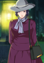 Rule 34 | 1girl, 2bls, absurdres, akiba maid sensou, arms behind back, bag, black hair, blurry, blurry background, brown eyes, coat, commentary, english commentary, grey hat, grey scarf, handbag, hat, highres, lipstick, makeup, mannen ranko, night, outdoors, paid reward available, purple coat, scarf, short hair, solo, standing, twitter username, watermark, web address