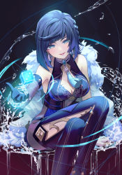 Rule 34 | 1girl, bad id, bad twitter id, bare shoulders, black background, blue eyes, blue hair, blunt bangs, bob cut, breasts, crossed legs, elbow gloves, feet out of frame, genshin impact, gloves, looking at viewer, mole, mole on breast, parted lips, pink lips, short hair, sitting, sleeveless, solo, syuri22, thighs, yelan (genshin impact)