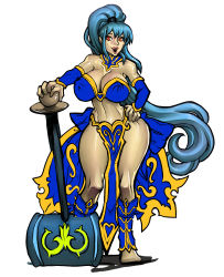 Rule 34 | 1girl, absurdres, blue hair, breasts, covered erect nipples, hammer, highres, large breasts, looking at viewer, meru (dragoon), solo, tagme, the legend of dragoon, weapon, wide hips