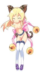 Rule 34 | 10s, 1girl, animal ears, blonde hair, blush, breasts, cat (trickster), cat ears, cat tail, closed eyes, leaning forward, long hair, nipples, nude, nude filter, small breasts, solo, tail, thighhighs, third-party edit, trickster (ntreev soft), white thighhighs