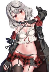 Rule 34 | 1girl, black collar, black gloves, black hair, black jacket, black panties, black thighhighs, blush, braid, breasts, cleavage, collar, commentary request, cowboy shot, finger to mouth, fingerless gloves, fingernails, garter straps, gloves, hair ornament, heart collar, highres, hololive, jacket, k mugura, long sleeves, looking at viewer, medium breasts, medium hair, multicolored hair, nail polish, navel, open mouth, panties, plaid, plaid skirt, red eyes, red nails, red skirt, sakamata chloe, side-tie panties, silver hair, simple background, skirt, smile, solo, standing, stomach, streaked hair, thighhighs, thighs, underwear, untied panties, virtual youtuber, white background, x hair ornament