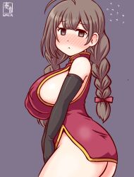 Rule 34 | 1girl, artist logo, ass, black gloves, blush, braid, breasts, brown eyes, brown hair, china dress, chinese clothes, cowboy shot, dress, elbow gloves, embarrassed, gloves, gradient background, grey background, kanon (kurogane knights), kantai collection, large breasts, long hair, looking at viewer, one-hour drawing challenge, pelvic curtain, red dress, shinshuu maru (kancolle), sleeveless, sleeveless dress, solo, twin braids