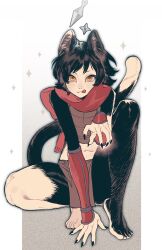 Rule 34 | 1girl, :3, :q, animal ears, arm guards, arm support, armor, bare legs, bare shoulders, barefoot, black fur, black hair, black nails, body fur, brown skirt, cat ears, cat girl, cat tail, closed mouth, crop top, dungeon meshi, fighting stance, fingernails, full body, grey background, hand on ground, hand up, hashtag-only commentary, highres, izutsumi, knee up, kunai, leather armor, looking at viewer, midriff, mismatched animal ear colors, navel, outside border, pelvic curtain, red scarf, scarf, sharp fingernails, short hair, shuriken, skirt, sleeveless, solo, squatting, sumooo (ga ilil), tail, tail raised, tiptoes, tongue, tongue out, weapon, yellow eyes