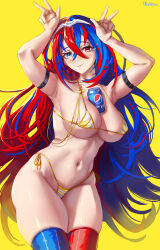 Rule 34 | 1girl, alear (female) (fire emblem), alear (fire emblem), armpits, arms up, artist name, asymmetrical legwear, between breasts, bikini, blue eyes, blue hair, blue thighhighs, breasts, can, closed mouth, crossed bangs, double v, fire emblem, fire emblem engage, hair between eyes, heterochromia, highres, large breasts, long hair, looking at viewer, micro bikini, mismatched legwear, multicolored hair, nintendo, pepsi, red eyes, red hair, red thighhighs, side-tie bikini bottom, simple background, smile, solo, swimsuit, thick thighs, thighhighs, thighs, two-tone hair, ultrabinou, v, very long hair, yellow background