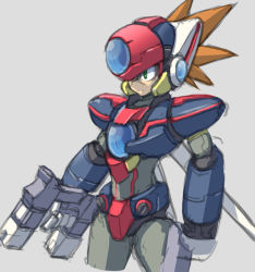 Rule 34 | android, axl (mega man), brown eyes, brown hair, cowboy shot, cropped legs, green eyes, grey background, gun, helmet, holding, holding weapon, male focus, mega man (series), mega man x (series), scar, scar on face, simple background, sketch, solo, spiked hair, weapon, yuusuke (5yusuke3)