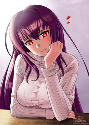 Rule 34 | 1girl, blush, breasts, head rest, fate (series), halterneck, hand on own chin, heart, highres, kami mitsugu (kamiken), large breasts, long hair, looking at viewer, purple hair, red eyes, ribbed sweater, scathach (fate), scathach (fate), smile, solo, sweater