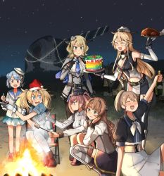 Rule 34 | 6+girls, ^ ^, annin musou, atlanta (kancolle), bad id, bad twitter id, belt, black belt, black headwear, black skirt, blonde hair, blue eyes, blue hair, blue neckwear, blue sailor collar, blue skirt, blush, bottle, breast pocket, breasts, brown eyes, brown hair, buttons, cake, campfire, capelet, chair, christmas, cleavage, closed eyes, closed mouth, collared shirt, colorado (kancolle), dixie cup hat, double bun, earrings, elbow gloves, fang, food, front-tie top, gambier bay (kancolle), garrison cap, gloves, green eyes, grey eyes, grey headwear, hair between eyes, hair bun, hat, headgear, helena (kancolle), holding, holding bottle, intrepid (kancolle), iowa (kancolle), jewelry, juliet sleeves, kantai collection, large breasts, long hair, long sleeves, military, military hat, military uniform, multiple girls, neckerchief, necktie, night, night sky, open mouth, pleated skirt, pocket, ponytail, puffy sleeves, sailor collar, samuel b. roberts (kancolle), santa hat, school uniform, serafuku, shirt, short hair, short sleeves, skirt, sky, smile, star (symbol), star earrings, twintails, uniform, white headwear, white neckwear, white shirt