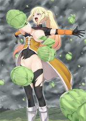 Rule 34 | 10s, 1girl, blonde hair, blue eyes, blush, bodystocking, braid, breasts, cabbage, cloud, convenient censoring, dark clouds, darkness (konosuba), french braid, hair ornament, huge breasts, kono subarashii sekai ni shukufuku wo!, long hair, motion blur, no bra, no panties, open mouth, outstretched arms, ponytail, solo, spread arms, standing, torn clothes, wanao, x hair ornament