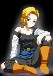 Rule 34 | 1girl, android 18, bad id, bad pixiv id, blonde hair, blue eyes, boots, dragon ball, dragonball z, huracan, off shoulder, pantyhose, pencil skirt, short hair, skirt, solo, torn clothes, torn pantyhose