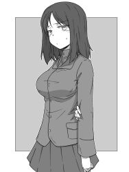 Rule 34 | 1girl, absurdres, arm behind back, border, closed mouth, commentary request, cowboy shot, frown, girls und panzer, greyscale, half-closed eyes, hand on own arm, highres, insignia, jacket, long hair, long sleeves, looking at viewer, miniskirt, monochrome, nonna (girls und panzer), partial commentary, pleated skirt, pravda school uniform, renshiu, school uniform, shirt, skirt, solo, standing, sweatdrop, swept bangs, turtleneck