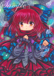Rule 34 | 1girl, black shirt, blue bow, blush, bow, bowtie, cape, closed mouth, cowboy shot, hair bow, hand on own chest, hitodama, long sleeves, looking at viewer, marker (medium), purple bow, purple bowtie, red bow, red cape, red eyes, red hair, red scarf, red skirt, ribbon-trimmed skirt, ribbon trim, rui (sugar3), sample watermark, scarf, sekibanki, shirt, short hair, skirt, solo, touhou, traditional media, watermark