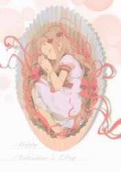 Rule 34 | 1girl, bow, box, braid, brown hair, clefs27, closed eyes, closed mouth, dress, fetal position, happy valentine, highres, in box, in container, jibaku shounen hanako-kun, long hair, magatama hair ornament, own hands together, pink bow, pink ribbon, puffy short sleeves, puffy sleeves, ribbon, short bangs, short sleeves, sidelocks, sleeping, solo, twin braids, very long hair, white dress, yashiro nene