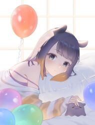 Rule 34 | 1girl, alternate costume, armpit crease, balloon, bare shoulders, blunt bangs, camisole, commentary, day, english commentary, gradient hair, grey eyes, hase runatsu, head on pillow, highres, hololive, hololive english, indoors, jacket, long hair, looking at viewer, lying, mole, mole under eye, multicolored hair, ninomae ina&#039;nis, off shoulder, on bed, on stomach, orange hair, pointy ears, purple camisole, purple hair, sidelocks, smile, solo, straight hair, takodachi (ninomae ina&#039;nis), tentacle hair, virtual youtuber, white jacket