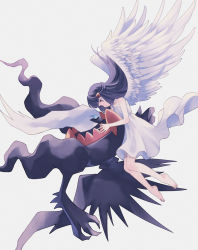 Rule 34 | 1girl, alternate costume, bare arms, barefoot, black hair, closed mouth, commentary request, creatures (company), darkrai, dawn (pokemon), dress, eye contact, feathered wings, floating hair, flowing dress (dq), game freak, gen 4 pokemon, hair ornament, hairclip, highres, holding, holding pokemon, komasawa (fmn-ppp), legendary pokemon, legs together, long hair, looking at another, mythical pokemon, nintendo, pokemon, pokemon (creature), pokemon dppt, toes, white dress, wings