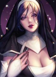 Rule 34 | &#039;o&#039;ne, 1girl, 2017, bad id, bad pixiv id, blonde hair, blue eyes, breasts, bridal gauntlets, cleavage, cyphers, dated, face, lips, looking at viewer, medium breasts, nail polish, nun, parted lips, short hair, solo
