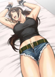 Rule 34 | 1girl, absurdres, armpits, arms up, azasuke, bed, belt, black lagoon, breasts, brown eyes, brown hair, cuffs, covered erect nipples, fingerless gloves, gloves, handcuffs, highres, large breasts, legs, long hair, looking up, lying, navel, open mouth, ponytail, revy (black lagoon), short shorts, shorts, solo, tank top, tattoo, thighs