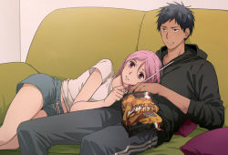 Rule 34 | 1boy, 1girl, aomine daiki, bag of chips, black hoodie, blue eyes, blue shorts, breasts, chinese commentary, chips (food), couch, dark-skinned male, dark skin, drawstring, food, hood, hoodie, kuroko no basuke, looking to the side, lying, lying on person, momoi satsuki, on couch, pants, parted lips, pink eyes, pink hair, potato chips, shirt, short hair, short sleeves, shorts, sitting, track pants, white shirt, xuan zhi yue ying