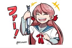 Rule 34 | 10s, 1girl, akashi (kancolle), akashiya sanma, bow, buck teeth, closed eyes, commentary request, fish, hair bow, k-suwabe, kantai collection, long hair, pink hair, pointing, pun, saury, short twintails, smile, solo, teeth, translation request, twintails, twitter username