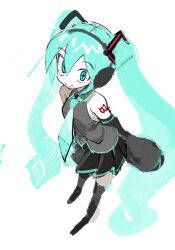 Rule 34 | 1girl, :&gt;, aqua hair, aqua necktie, bare shoulders, black skirt, black sleeves, black thighhighs, crazy eyes, cross-shaped pupils, detached sleeves, dress, empty eyes, from above, grey dress, hair between eyes, hair ornament, hairclip, hatsune miku, headphones, highres, kokaki mumose, long hair, looking at viewer, looking up, necktie, number tattoo, raised eyebrows, simple background, sketch, skirt, sleeveless, sleeveless dress, sleeves past fingers, sleeves past wrists, smile, solo, symbol-shaped pupils, tattoo, thighhighs, twintails, vocaloid, white background