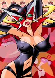 Rule 34 | 1girl, 2boys, bare shoulders, blonde hair, boyakki, breasts, cape, character request, cleavage, doronjo, elbow gloves, eyeshadow, green eyes, large breasts, leotard, licking lips, long hair, looking at viewer, mask, multiple boys, nipples, red lips, red lips, tagme, tamaki nozomu, tongue, tongue out, tonzura, yatterman