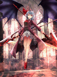 Rule 34 | 1girl, alternate costume, blue hair, bow, coat, commentary request, ascot, dual wielding, fire, full body, highres, holding, long coat, long sleeves, looking at viewer, aged up, open clothes, open coat, open mouth, red eyes, remilia scarlet, short hair, sinkai, smile, solo, spear the gungnir, standing, touhou, wings