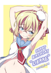 Rule 34 | 1girl, absurdres, armpits, blonde hair, blue eyes, blush, bottomless, breasts, character name, closed mouth, dated, happy birthday, hat, highres, jashin-chan dropkick, lierre, looking at viewer, mini hat, navel, no panties, short hair, simple background, sleeveless, small breasts, smile, solo, ydayluca, yellow background