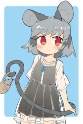 Rule 34 | 1girl, alternate costume, animal, animal ears, basket, black dress, blush, border, closed mouth, collarbone, cowboy shot, dress, grey hair, ini (inunabe00), mouse (animal), mouse ears, mouse tail, nazrin, red eyes, see-through, see-through dress, short hair, short sleeves, solo, tail, touhou, white border