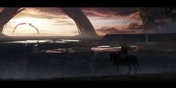Rule 34 | absurdres, asteroid ill, bad id, bad pixiv id, bird, blonde hair, blurry, cliff, cloud, cloudy sky, dark, fantasy, grass, highres, hill, horizon, horse, horseback riding, iris (asteroid ill), letterboxed, long hair, original, riding, ruins, scenery, sky, sunset, water, waterfall