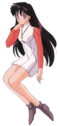 Rule 34 | 1990s (style), 1girl, ankle boots, bishoujo senshi sailor moon, black hair, boots, hand on own chin, hino rei, knees, knees bent, legs, long hair, long legs, looking at viewer, official art, raised hand, red shirt, retro artstyle, sailor mars, shirt, sitting, skirt, smile, thighs, very long hair, very short skirt, white skirt