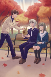 Rule 34 | 1girl, 2boys, absurdres, autumn, bag, bench, black socks, blue pants, blue shirt, blue skirt, brown footwear, brown hair, closed mouth, commentary, day, english commentary, flat chest, food, fruits basket, giving, grey hair, half updo, highres, holding, holding food, kneehighs, kuragi machi, leaf, loafers, long hair, long sleeves, manabe kakeru, maple leaf, marycrispies, multiple boys, neckerchief, necktie, outdoors, own hands together, pants, paper bag, park bench, pleated skirt, profile, school uniform, serafuku, shirt, shoes, side-by-side, sidelocks, sitting, skirt, smile, socks, souma yuki, sweater, sweet potato, tree, walking, white neckerchief, white necktie