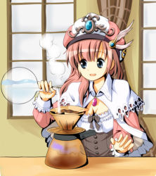 Rule 34 | 1girl, atelier (series), atelier rorona, breasts, female focus, flask, hat, indoors, long hair, medium breasts, open mouth, pink hair, pouring, rororina fryxell, round-bottom flask, ruu (tksymkw), solo, window