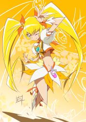 Rule 34 | 1girl, blonde hair, boots, bow, commentary request, cure sunshine, eyelashes, gradient background, hair bow, hair ornament, happy, heartcatch precure!, highres, long hair, looking at viewer, magical girl, midriff, myoudouin itsuki, navel, nii manabu, one eye closed, precure, puffy short sleeves, puffy sleeves, short sleeves, signature, skirt, smile, solo, standing, twintails, wrist cuffs, yellow background, yellow bow, yellow eyes, yellow skirt, yellow theme