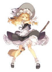 Rule 34 | 1girl, apron, arm at side, artist name, black footwear, black skirt, black vest, blonde hair, bloomers, bobby socks, braid, broom, frilled apron, frills, full body, gloves, hair ribbon, hat, hat ribbon, highres, karpin, kirisame marisa, legs apart, loafers, long hair, looking at viewer, open hand, outstretched arm, petticoat, puffy short sleeves, puffy sleeves, ribbon, shirt, shoes, short sleeves, simple background, single braid, skirt, skirt set, smile, socks, solo, standing, touhou, tress ribbon, underwear, vest, waist apron, white background, white gloves, white shirt, white socks, witch hat, yellow eyes