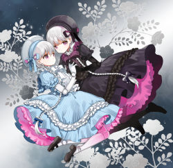 Rule 34 | 10s, 2girls, alice (fate), bad id, bad pixiv id, beret, black dress, black gloves, black hat, blue dress, bow, bowtie, braid, doll joints, dress, fate/extra, fate (series), floral background, frilled dress, frilled sleeves, frills, full body, fumako, gloves, hat, hat ribbon, holding hands, interlocked fingers, joints, legs up, lolita fashion, long hair, midair, multiple girls, nursery rhyme (fate), purple eyes, ribbon, shoes, short sleeves, silver hair, striped bow, striped bowtie, striped clothes, striped dress, striped neckwear, vertical-striped clothes, vertical-striped dress, white bow, white bowtie, white gloves, white hat